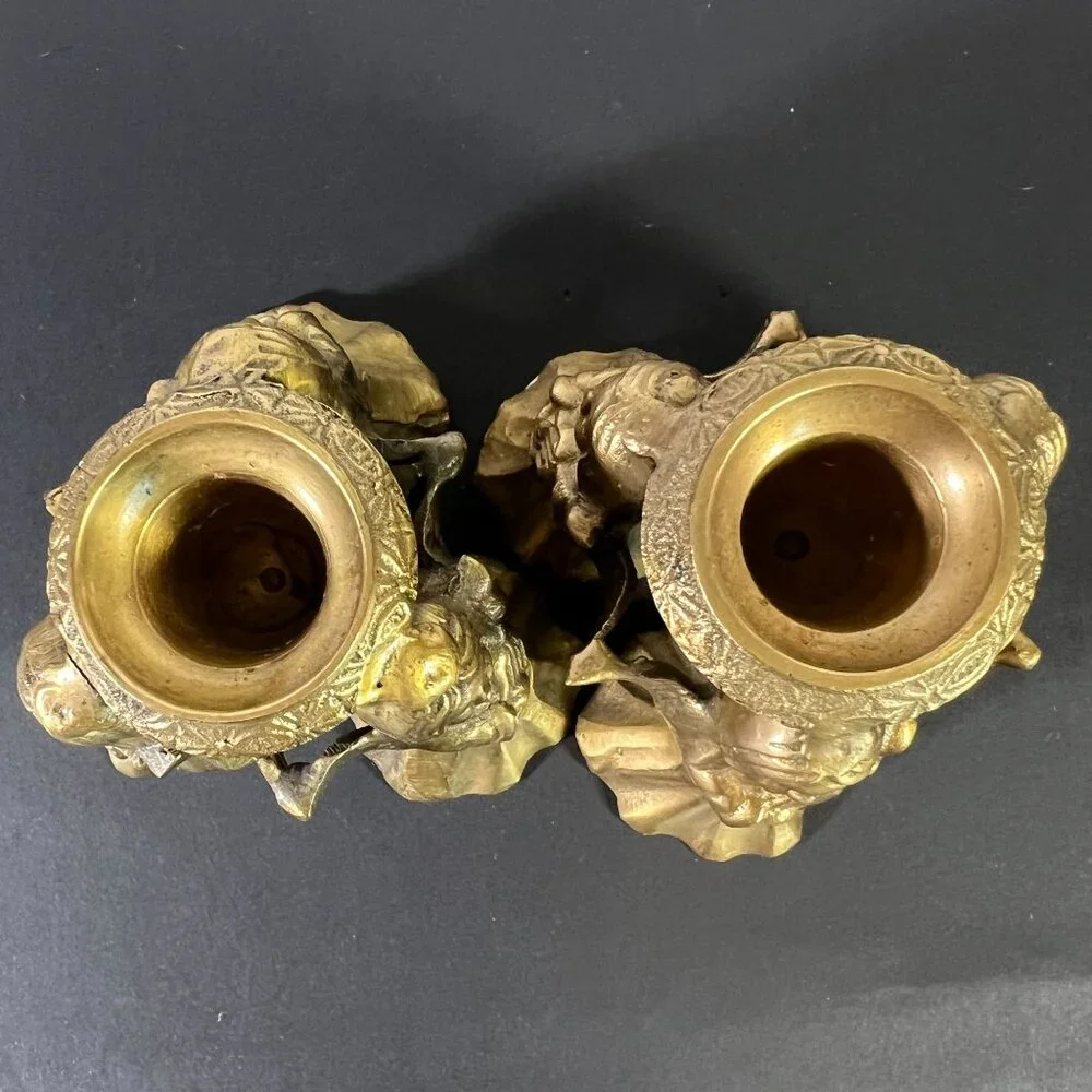 Set Of 2 Vintage Brass Trio Angel Tapered‎ Candle Holders 3